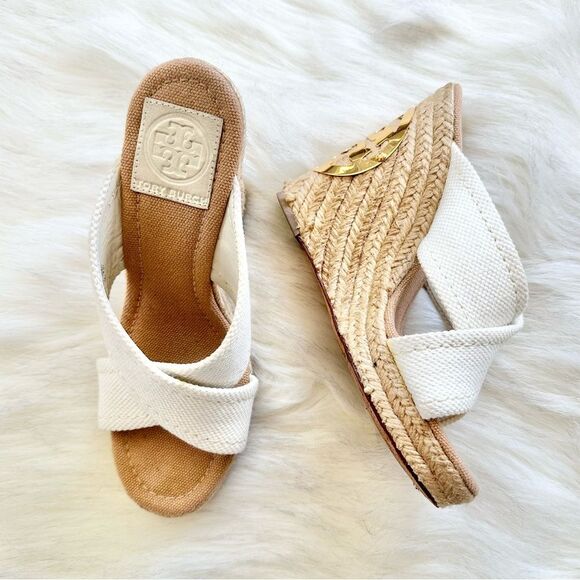 Tory Burch Kristin Wedge Canvas Espadrilles in Ivory Size 6 - Picture 2 of 9